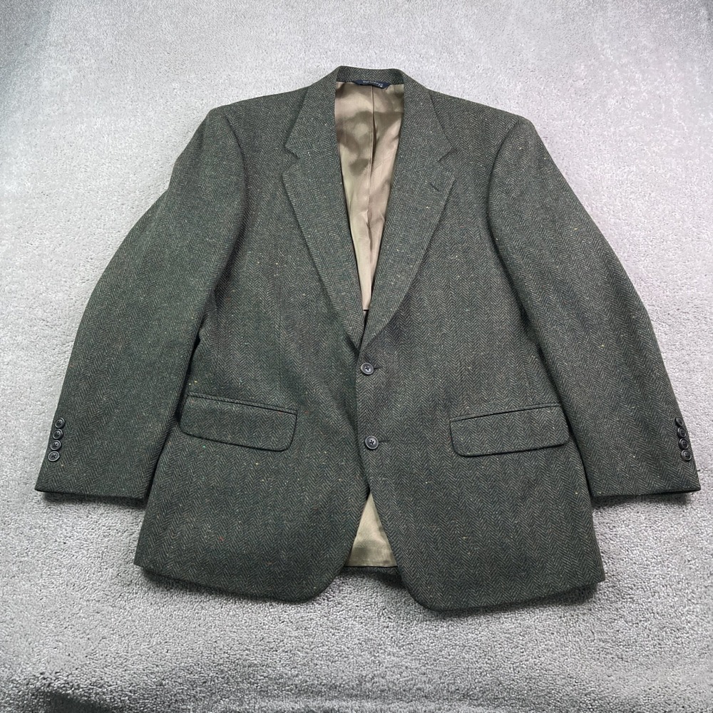 Vintage Burberrys Blazer Mens 46 Green Herringbone Wool Tweed Jacket Union Made
